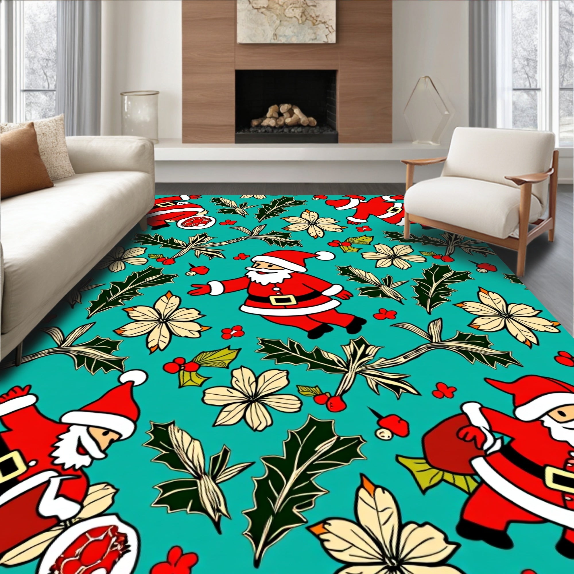 Jolly Santa Holly Christmas Pattern Rug