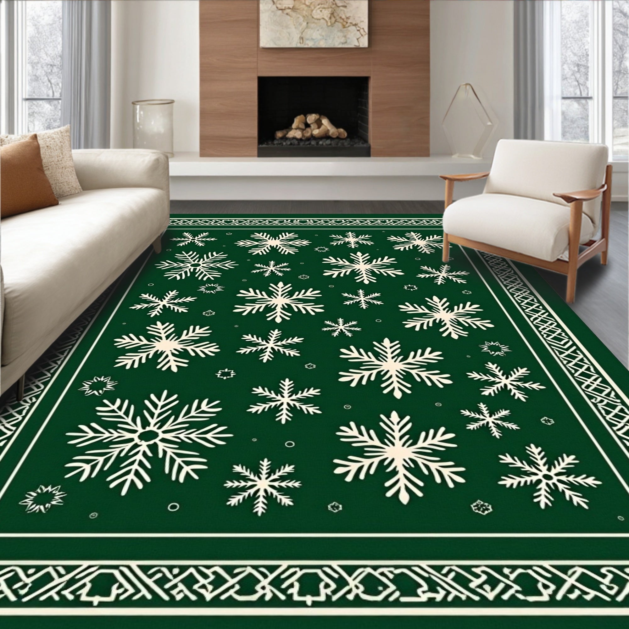 Forest Green Snowflake Pattern Rug