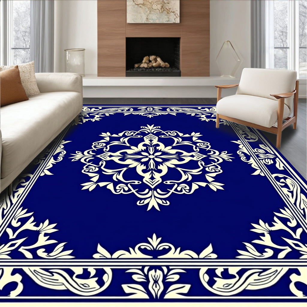 Navy Cream Elaborate Floral Design Rug
