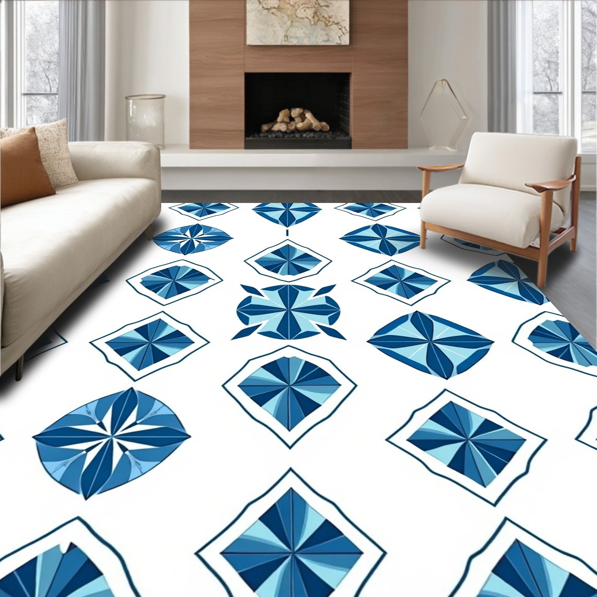 Geometric Blue Diamond Mosaic Pattern Rug