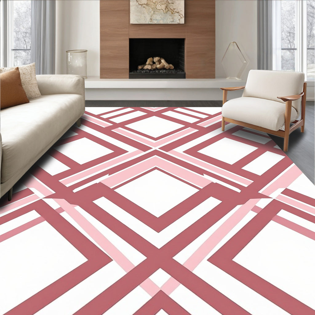 Pink White Geometric Diagonal Design Rug