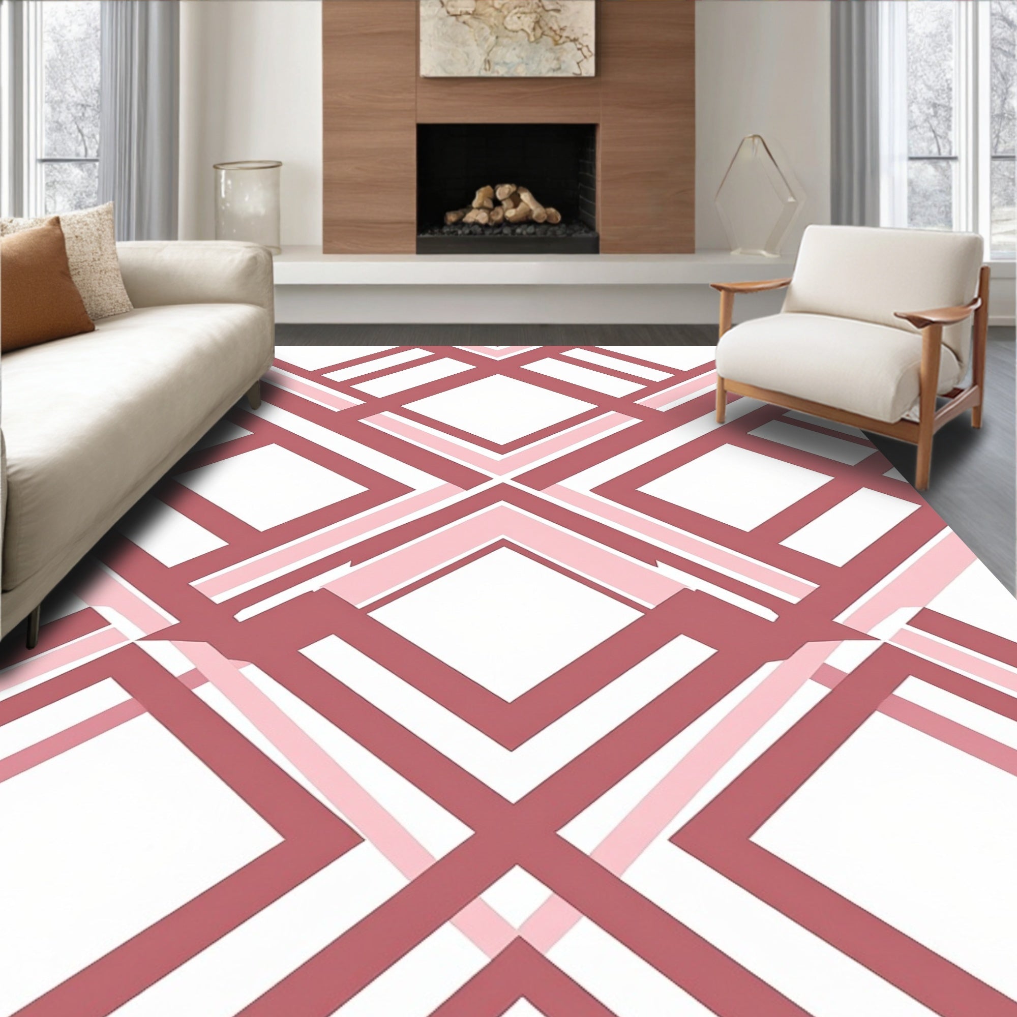 Pink White Geometric Diagonal Design Rug