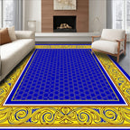Blue Hexagon With Ornate Yellow Border Rug