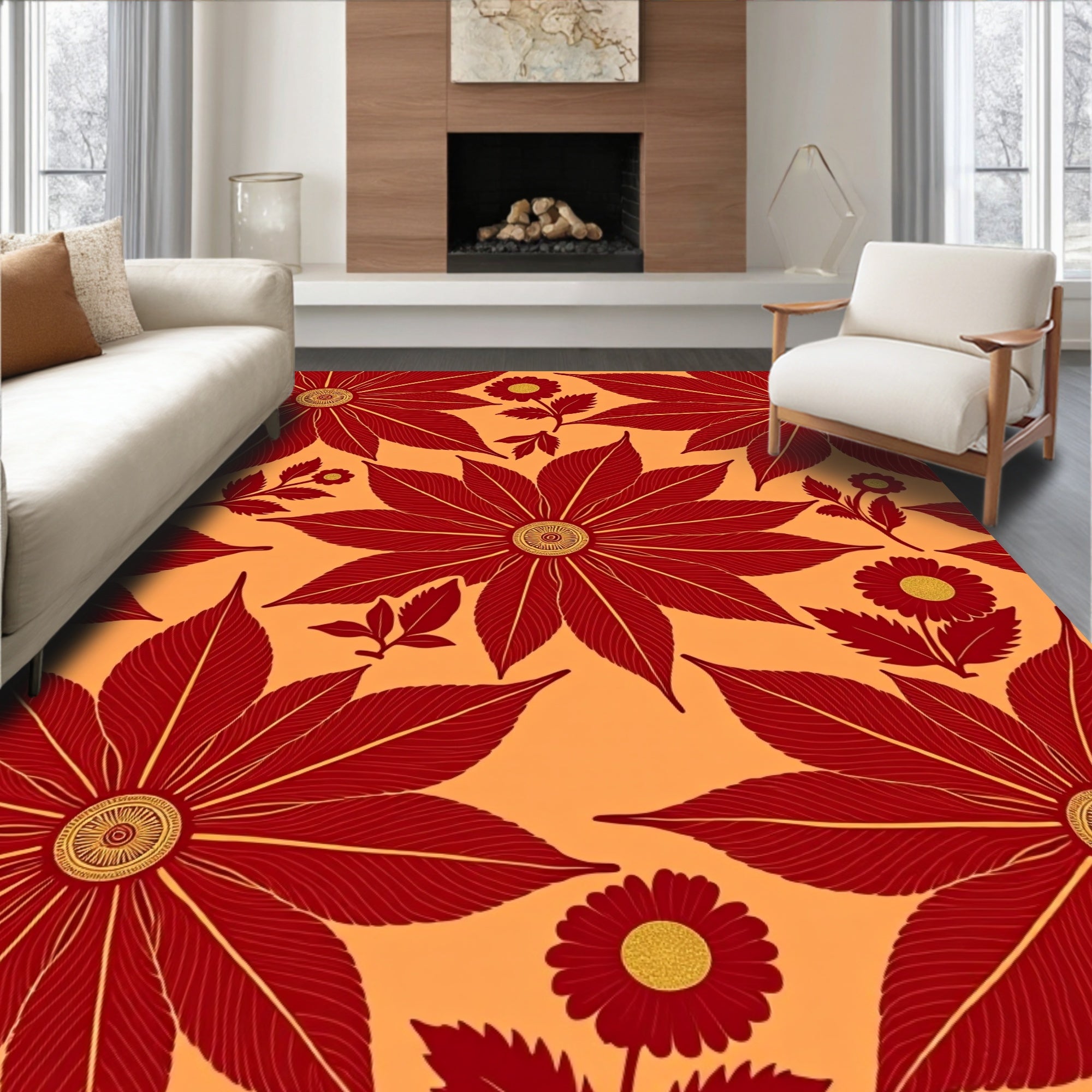 Rich Red Floral Pattern Rug