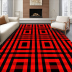 Bold Red Black Plaid Geometric Design Rug
