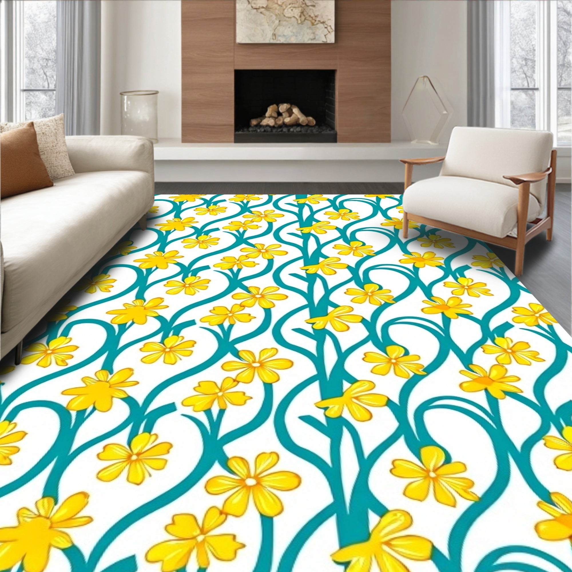 Yellow Floral Vines Pattern Rug