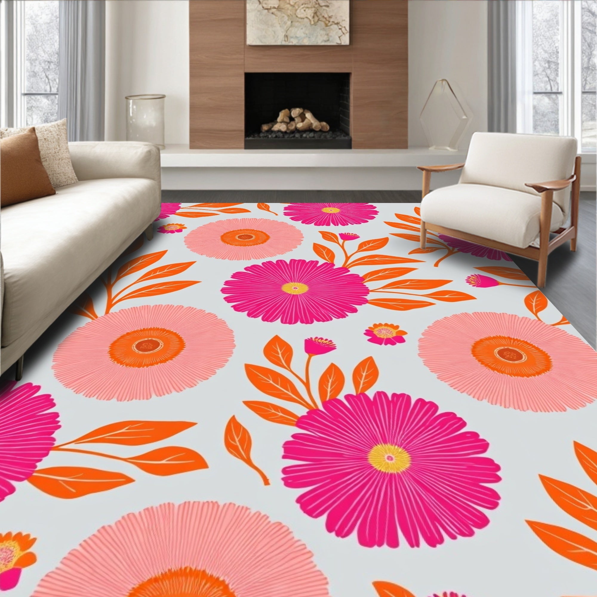 Bold Floral Print With Orange Leaves Rug