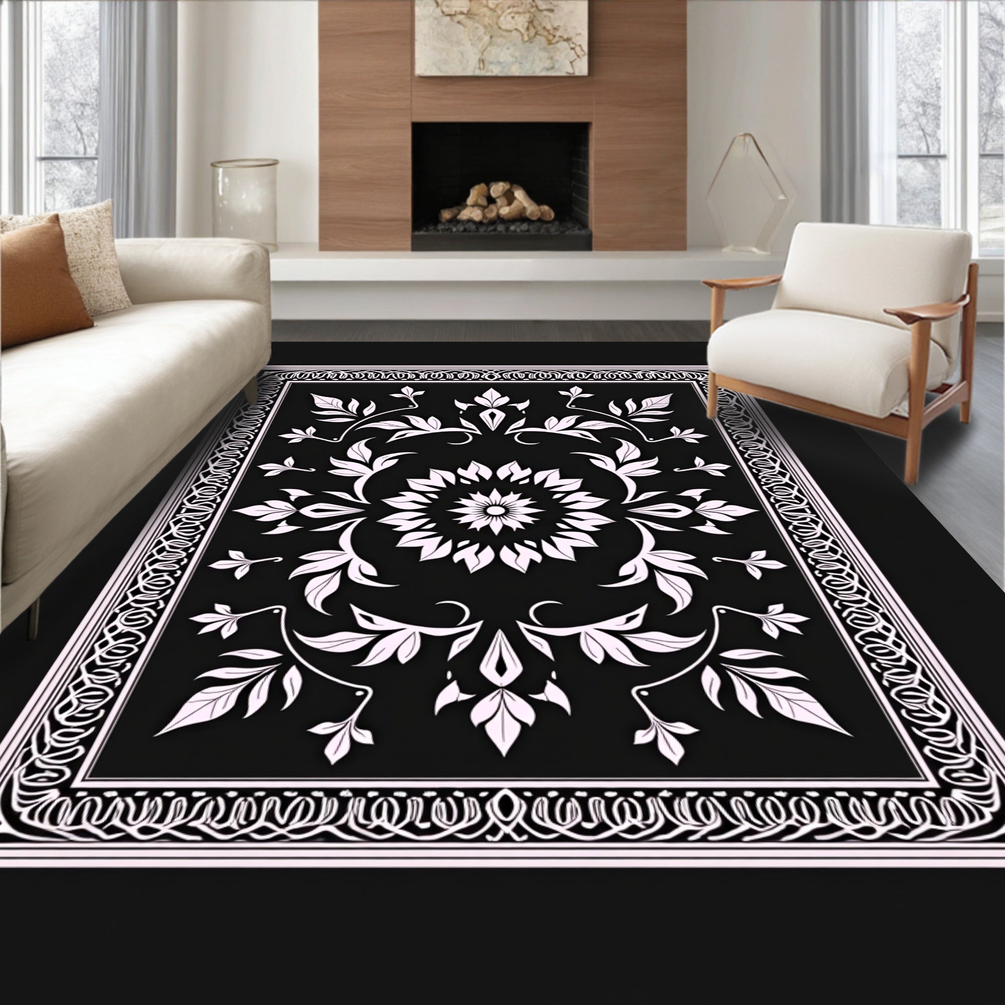 Ornate Floral Vine Black White Rug