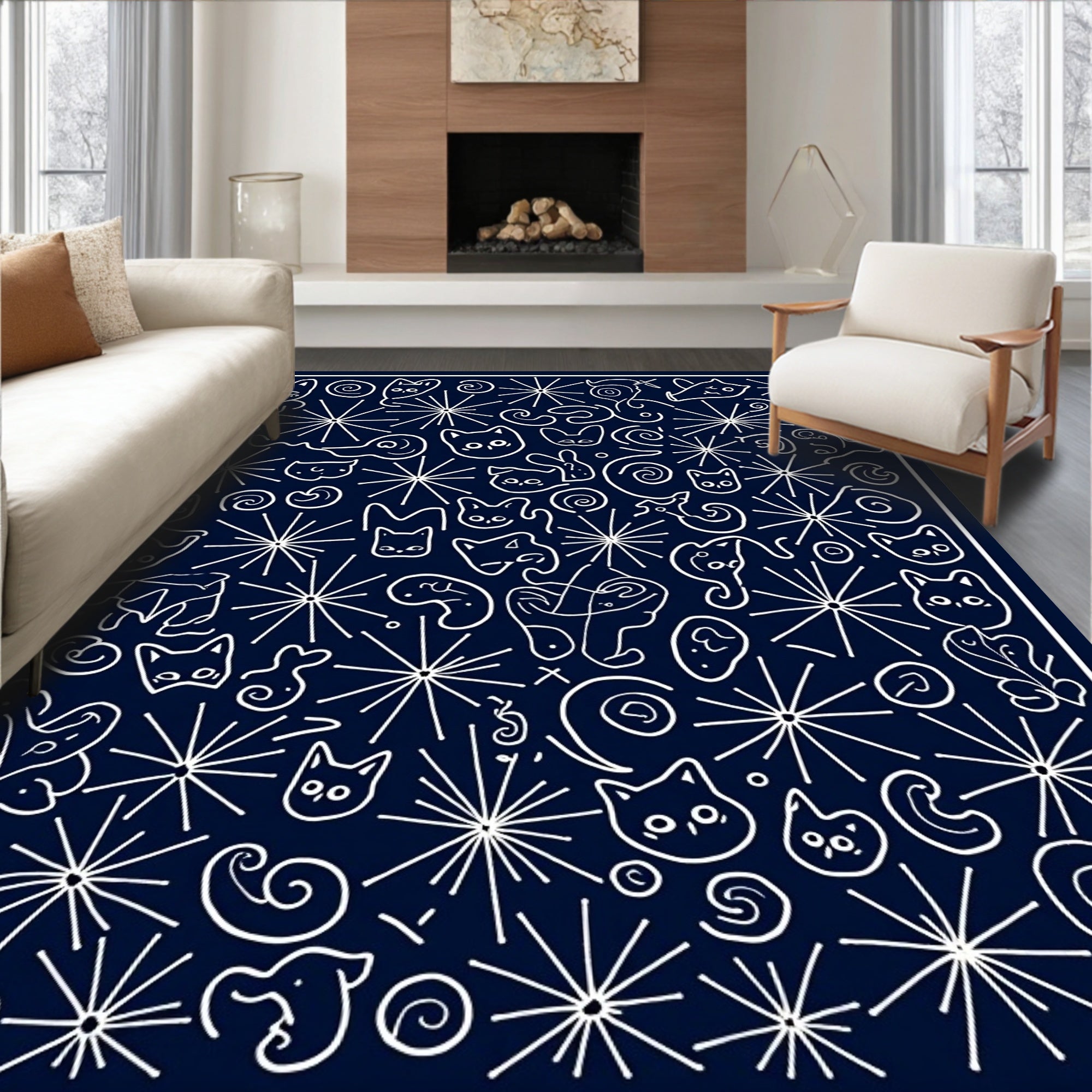 Whimsical Cat Doodle Starburst Pattern Rug
