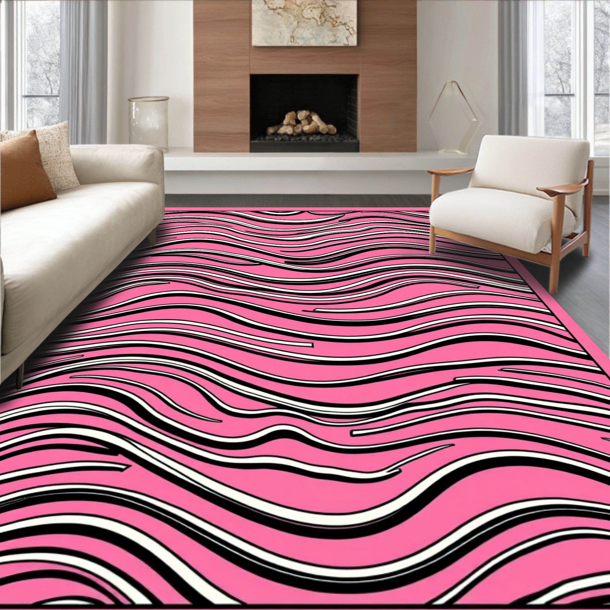 Modern Pink Zebra Stripe Design Rug