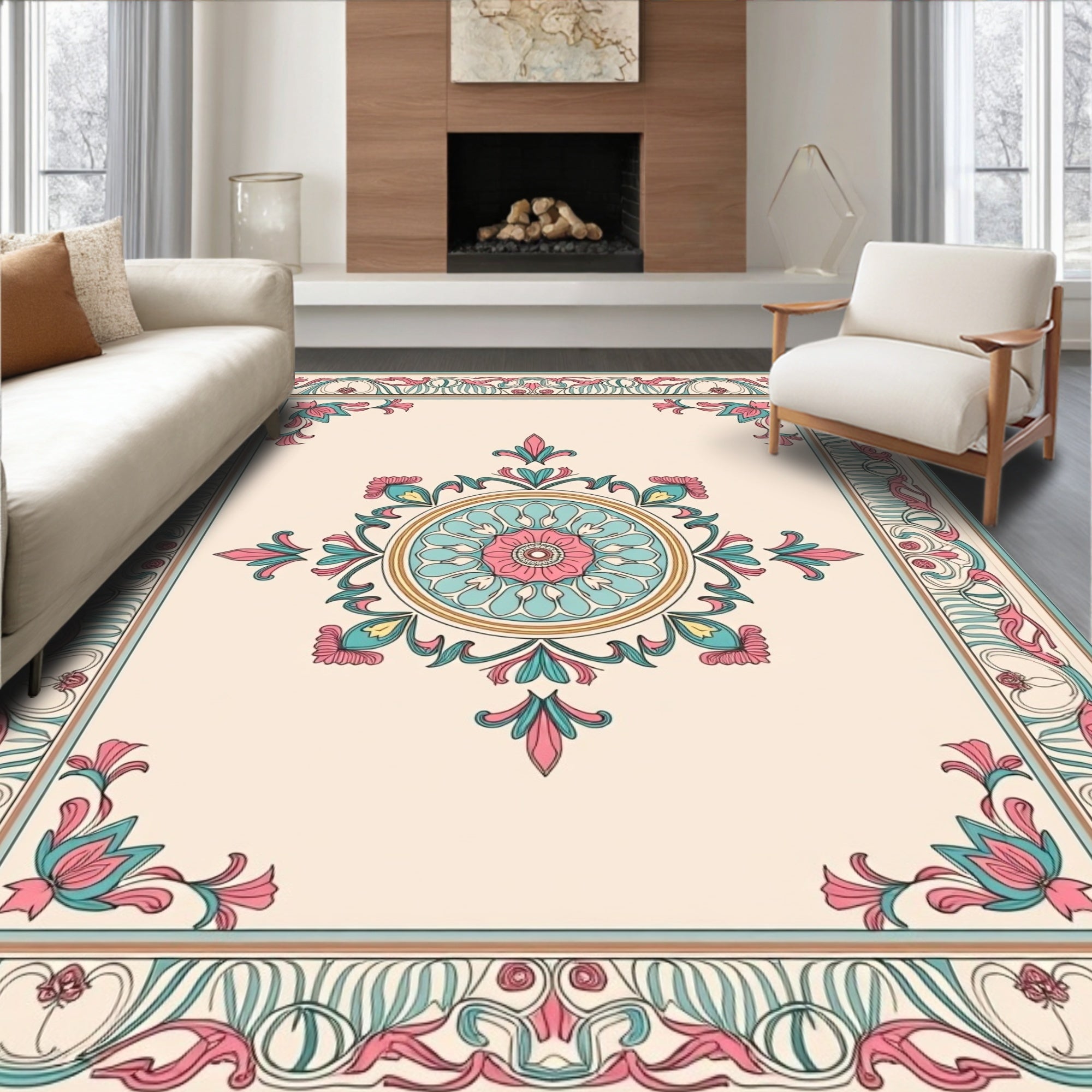 Elegant Floral Medallion Border Rug