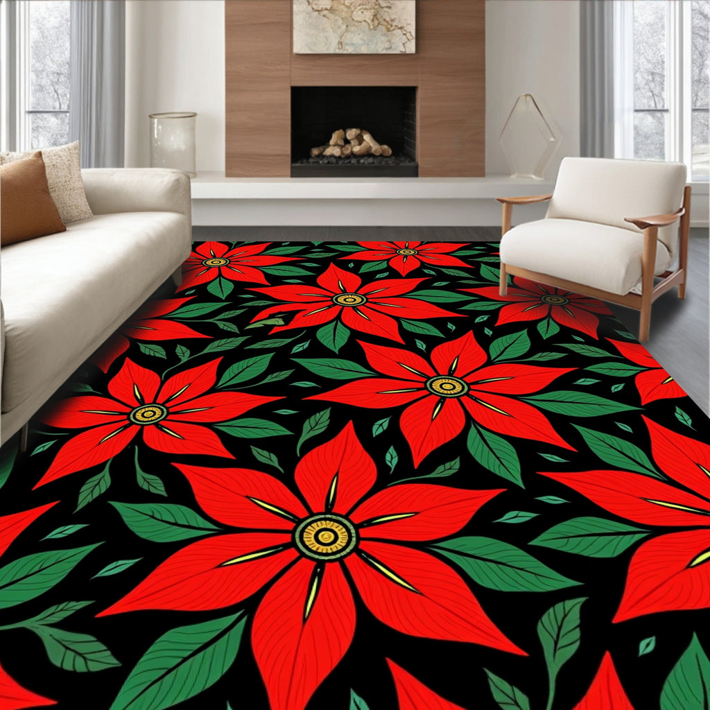 Vibrant Red Flower Leaf Pattern Rug