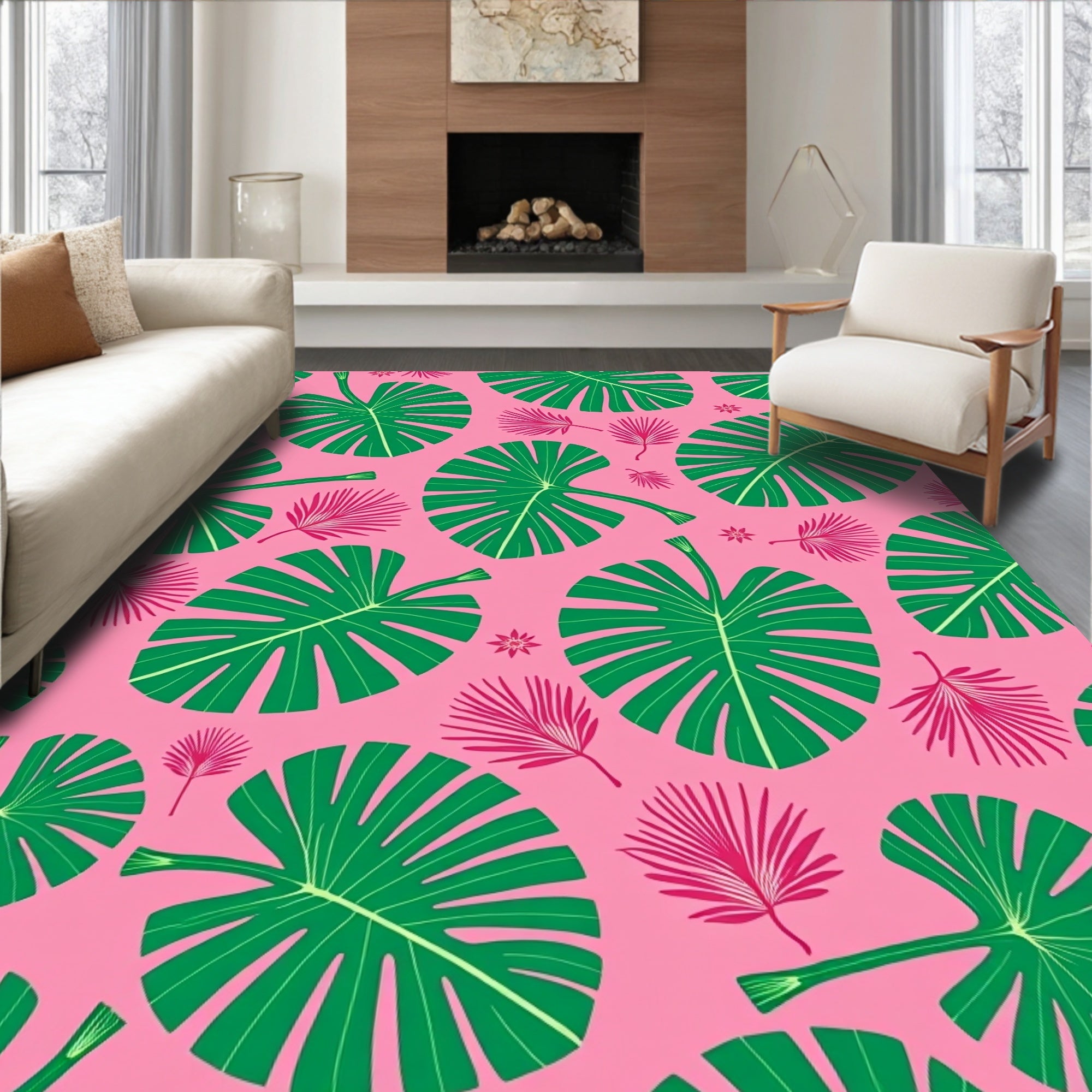 Vibrant Green Tropical Pink Leaves Rug