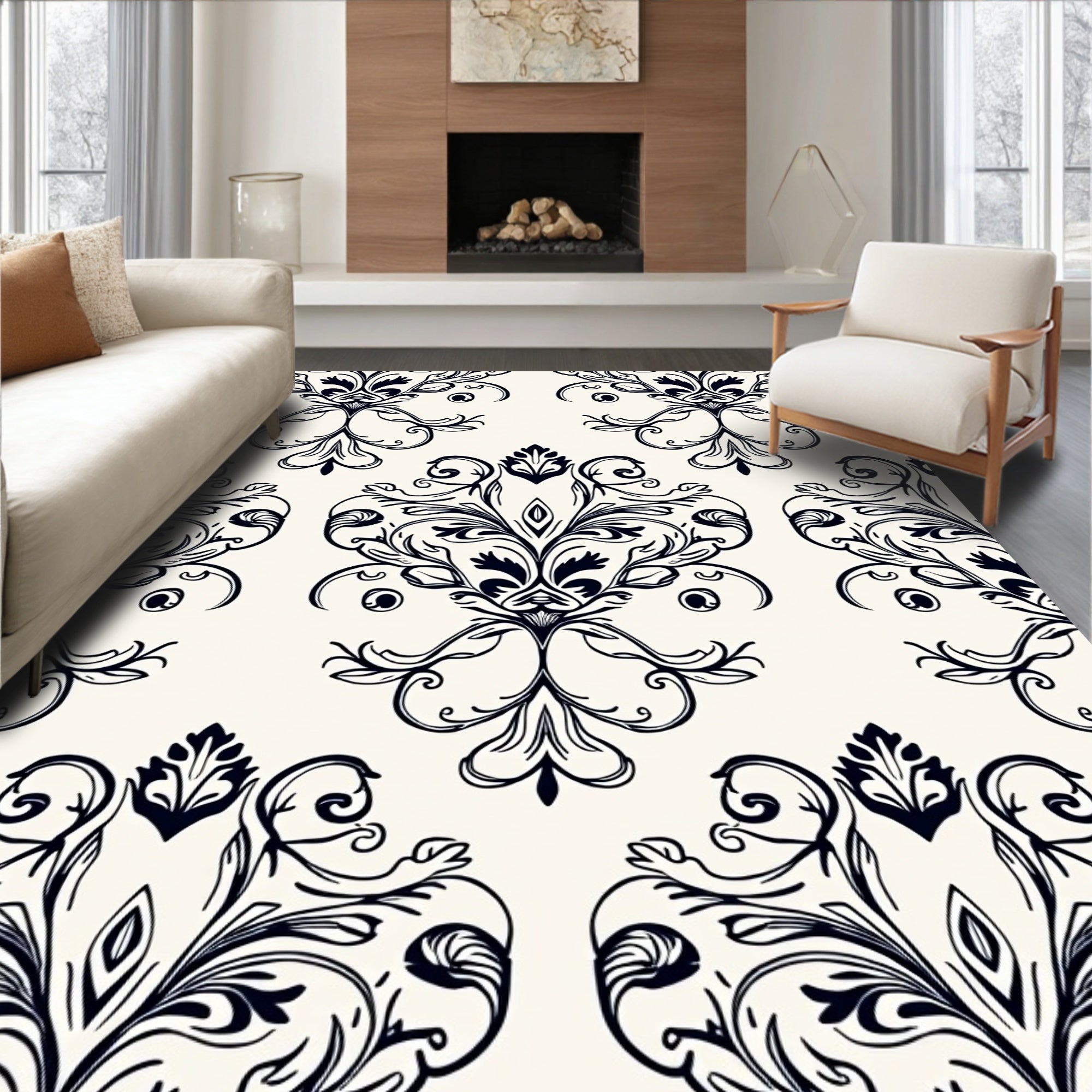 Classic Black Floral Damask Pattern Rug