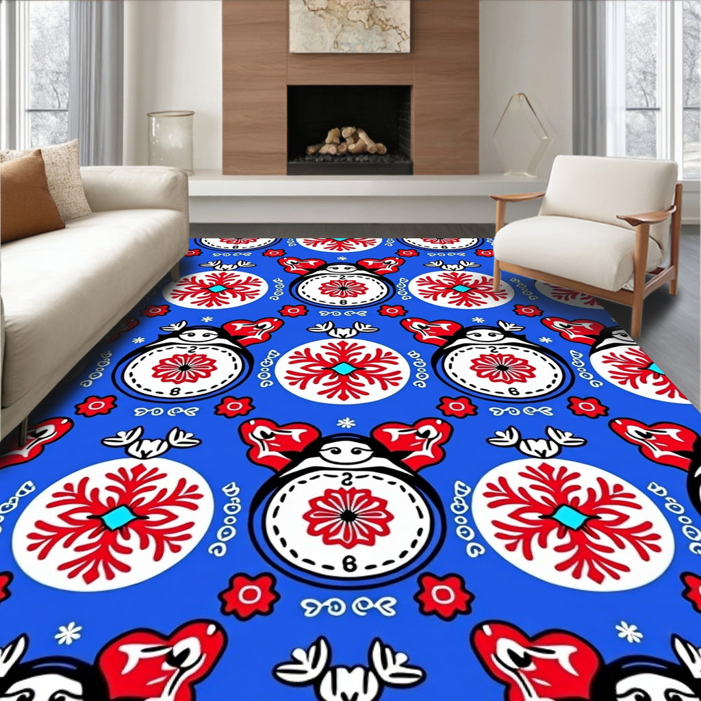 Bold Red White Floral Round Pattern Rug