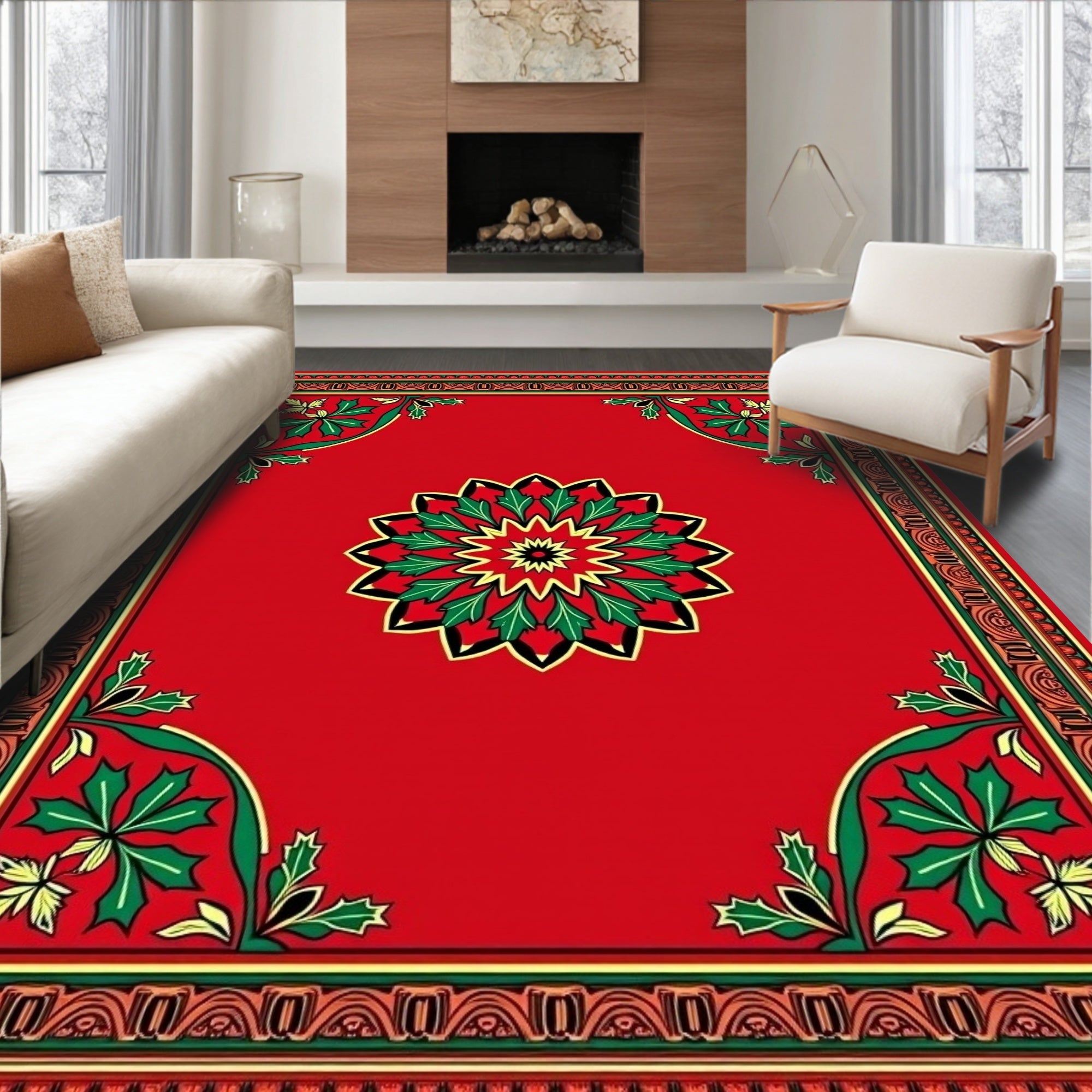 Red Floral Medallion 4 Corner Design Rug