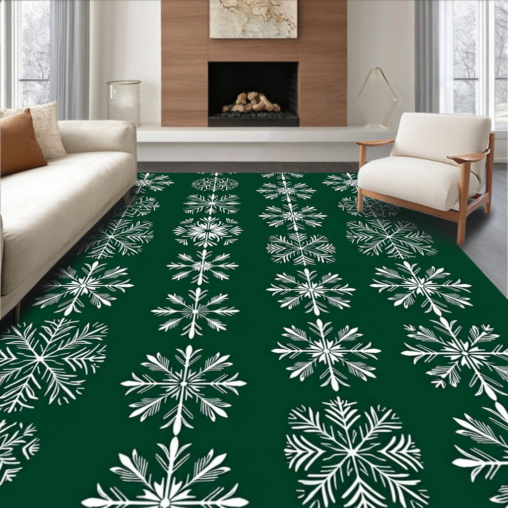 White Snowflake Pattern On Dark Green Rug
