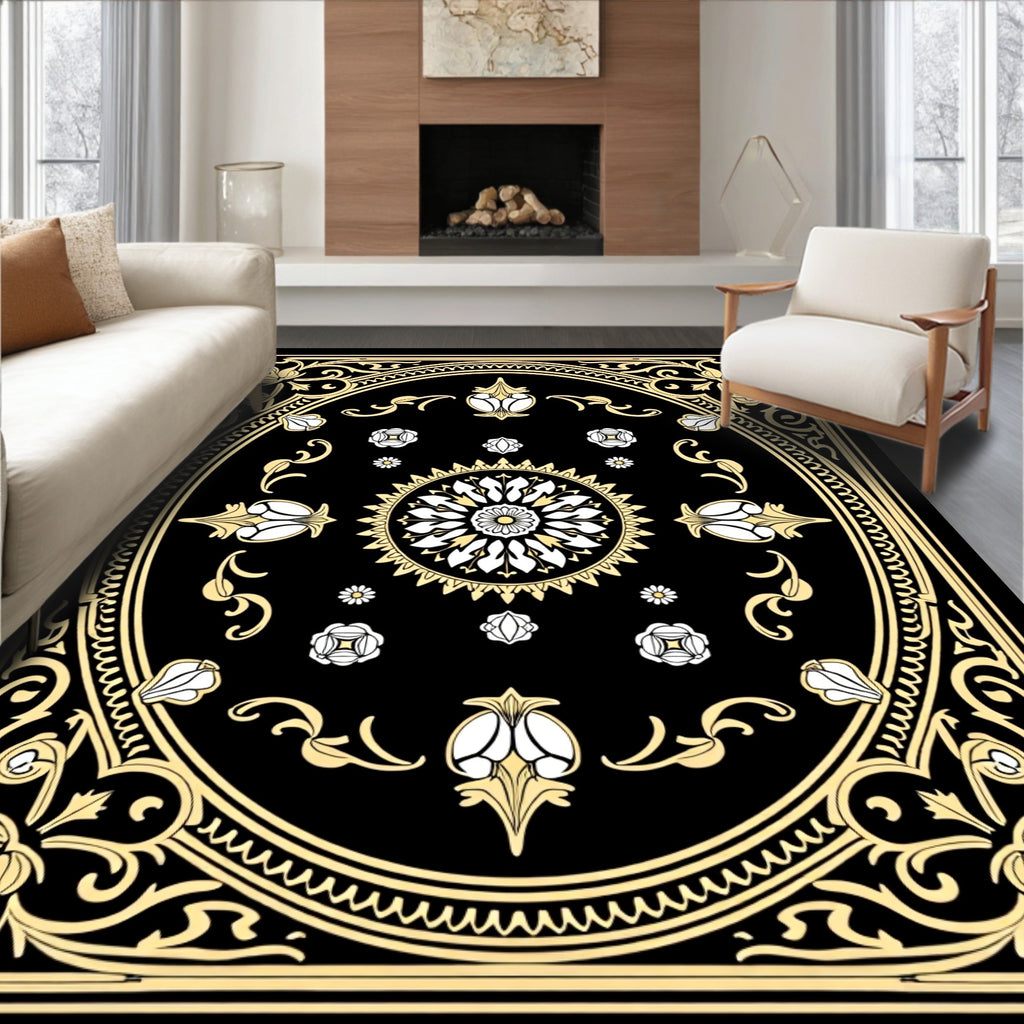 Elaborate Black Yellow Floral Medallion Rug