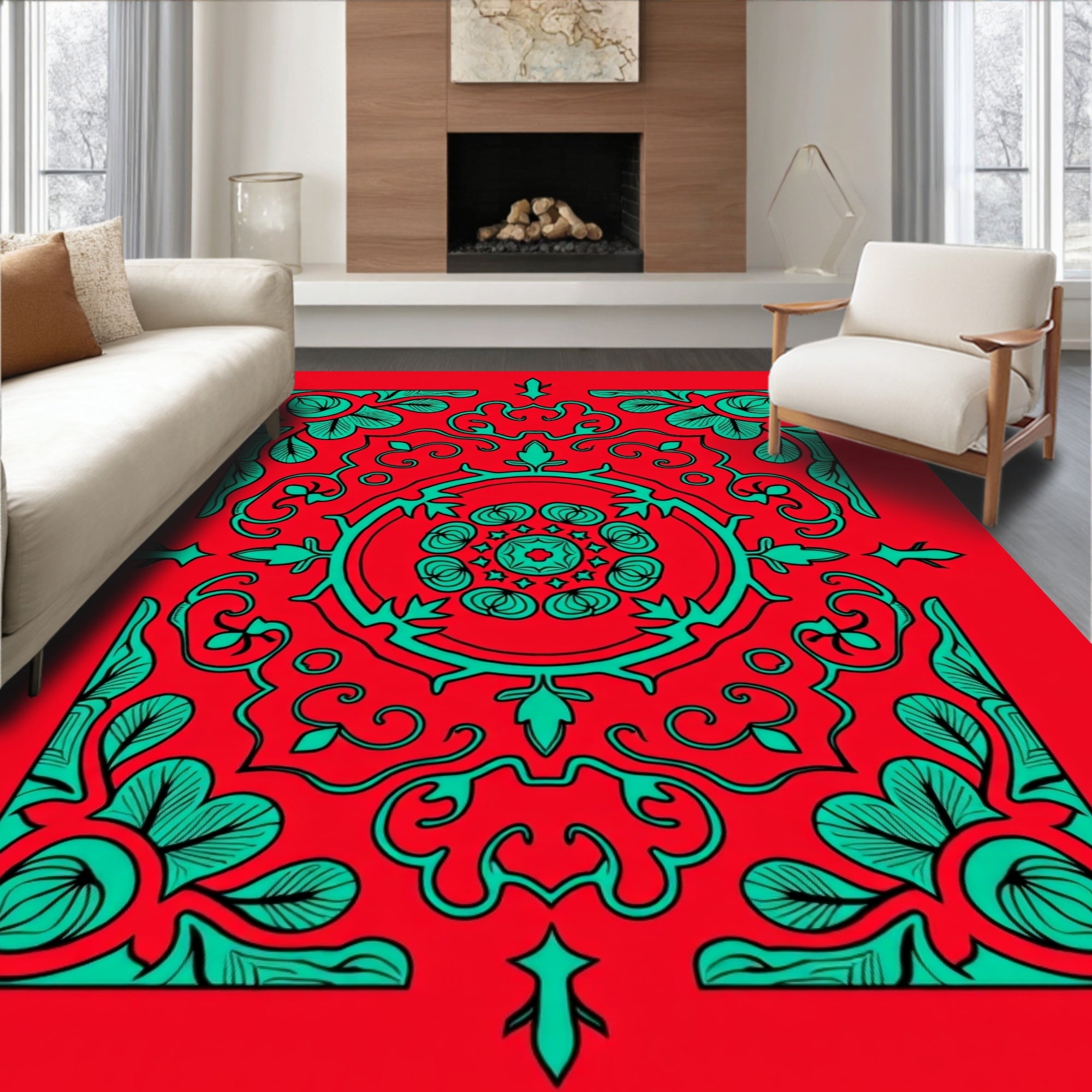 Red Teal Floral Mandala Pattern Rug