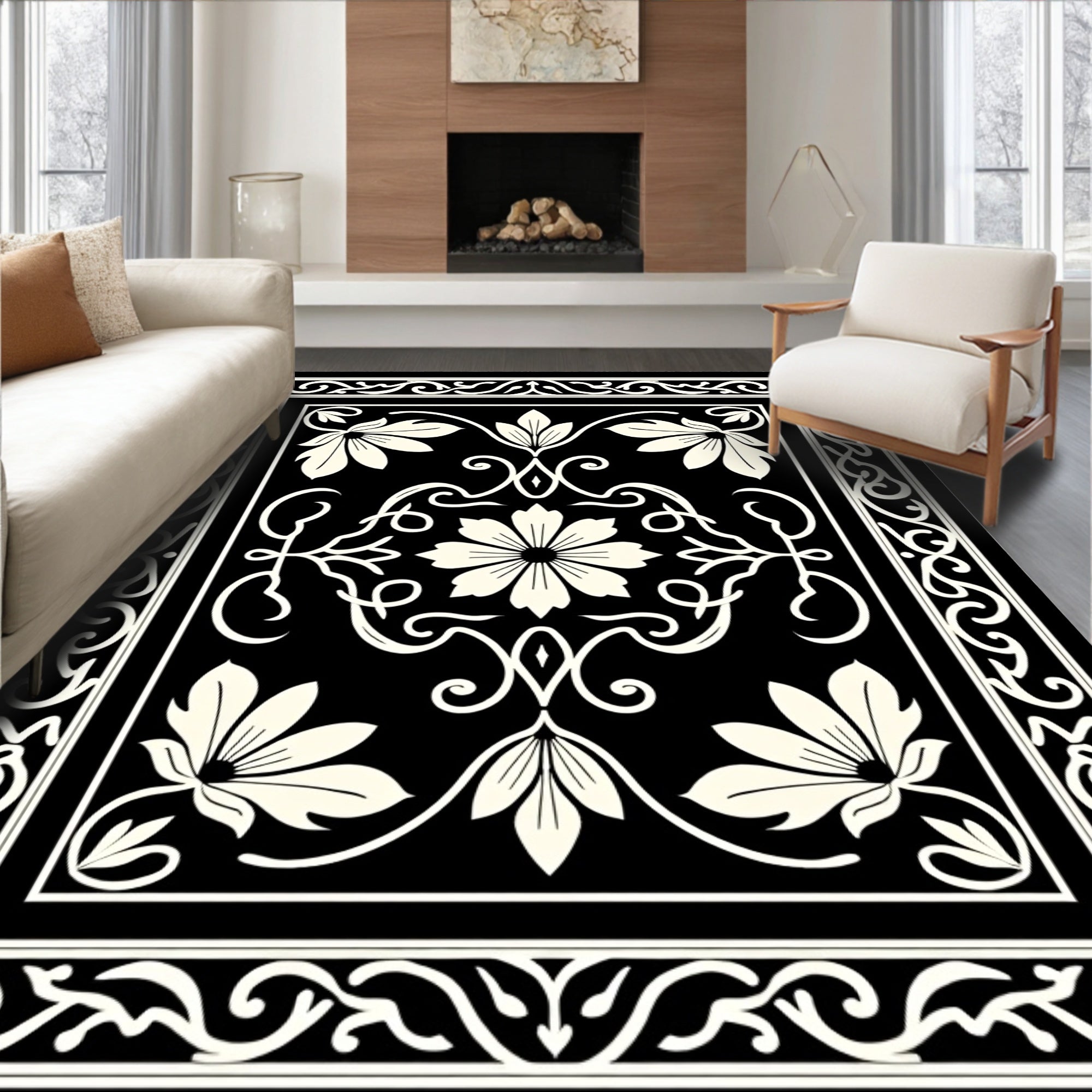 Classic Floral Scrollwork Black Cream Rug