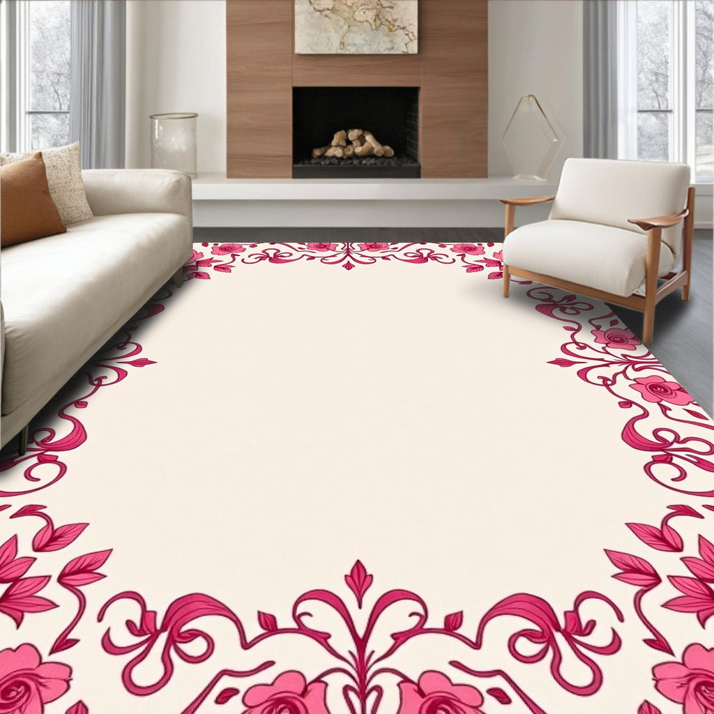 Pink Floral Scrollwork Border Rug