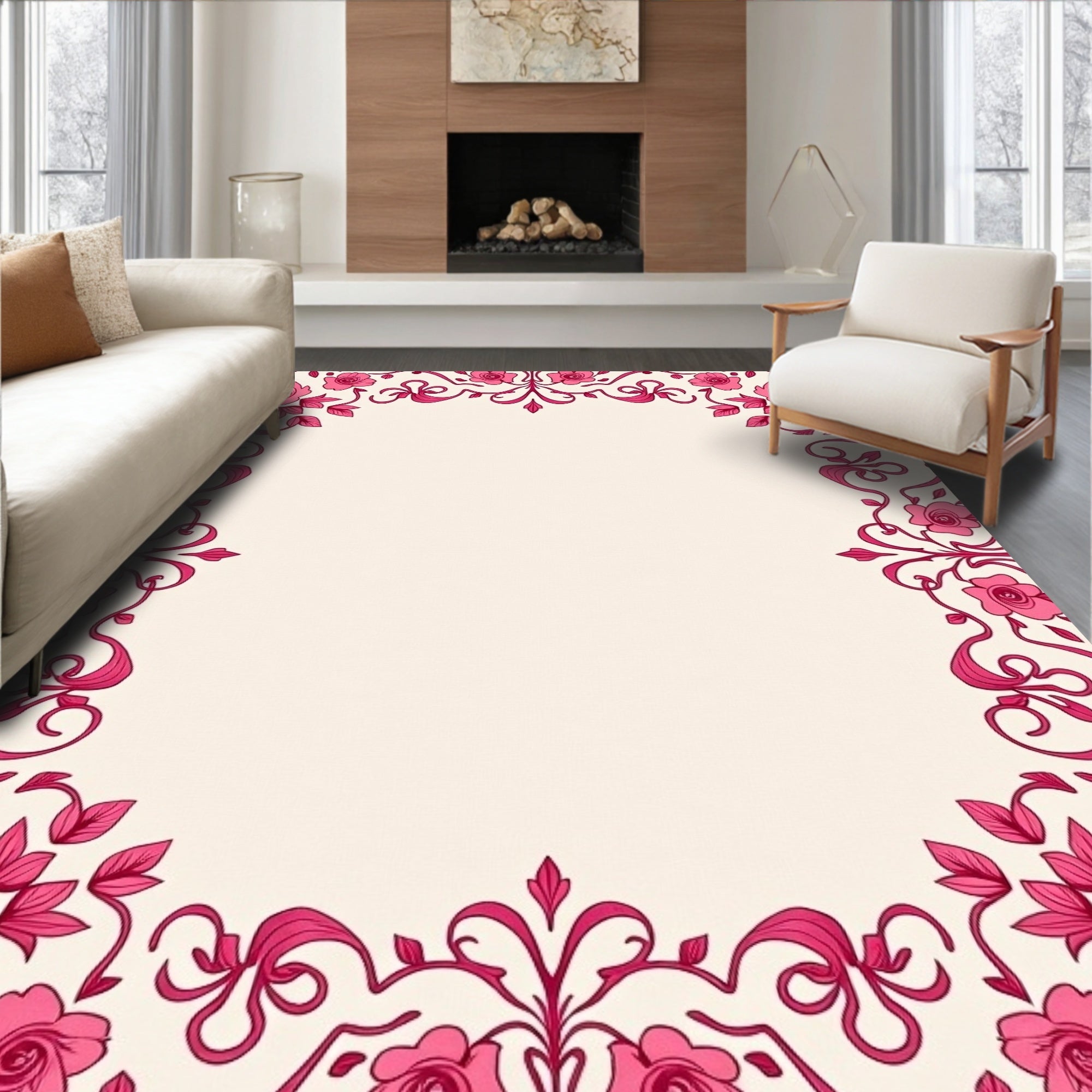 Pink Floral Scrollwork Border Rug