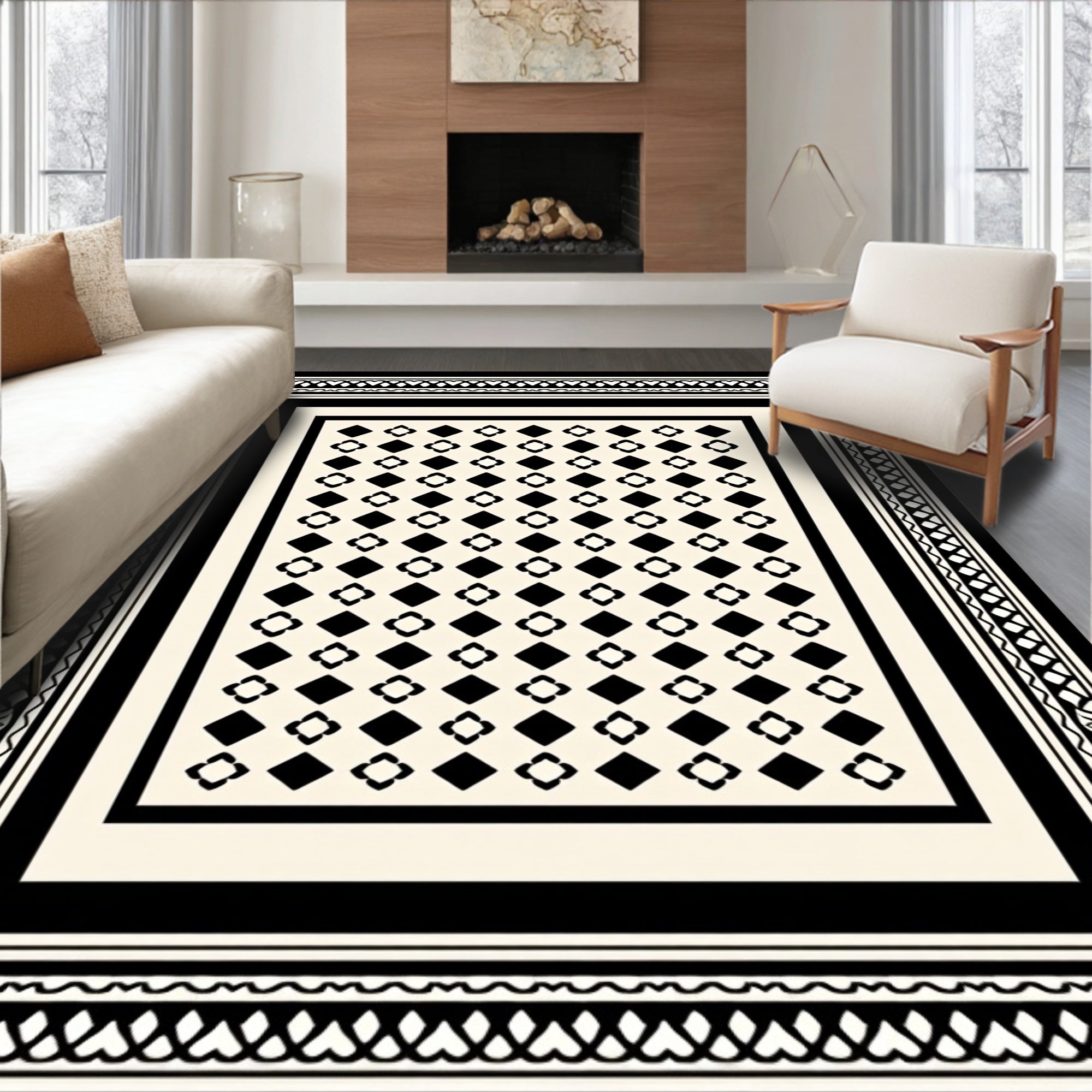 Classic Black And Cream Geometric Pattern Rug