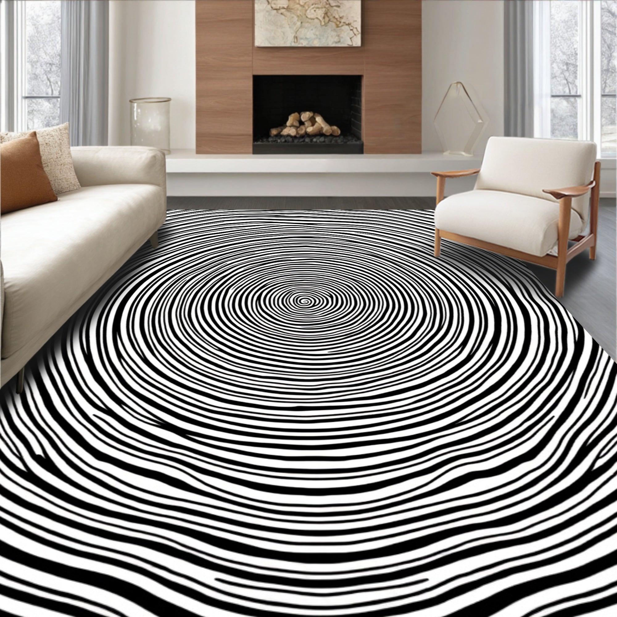 Concentric Black And White Circles Pattern Rug