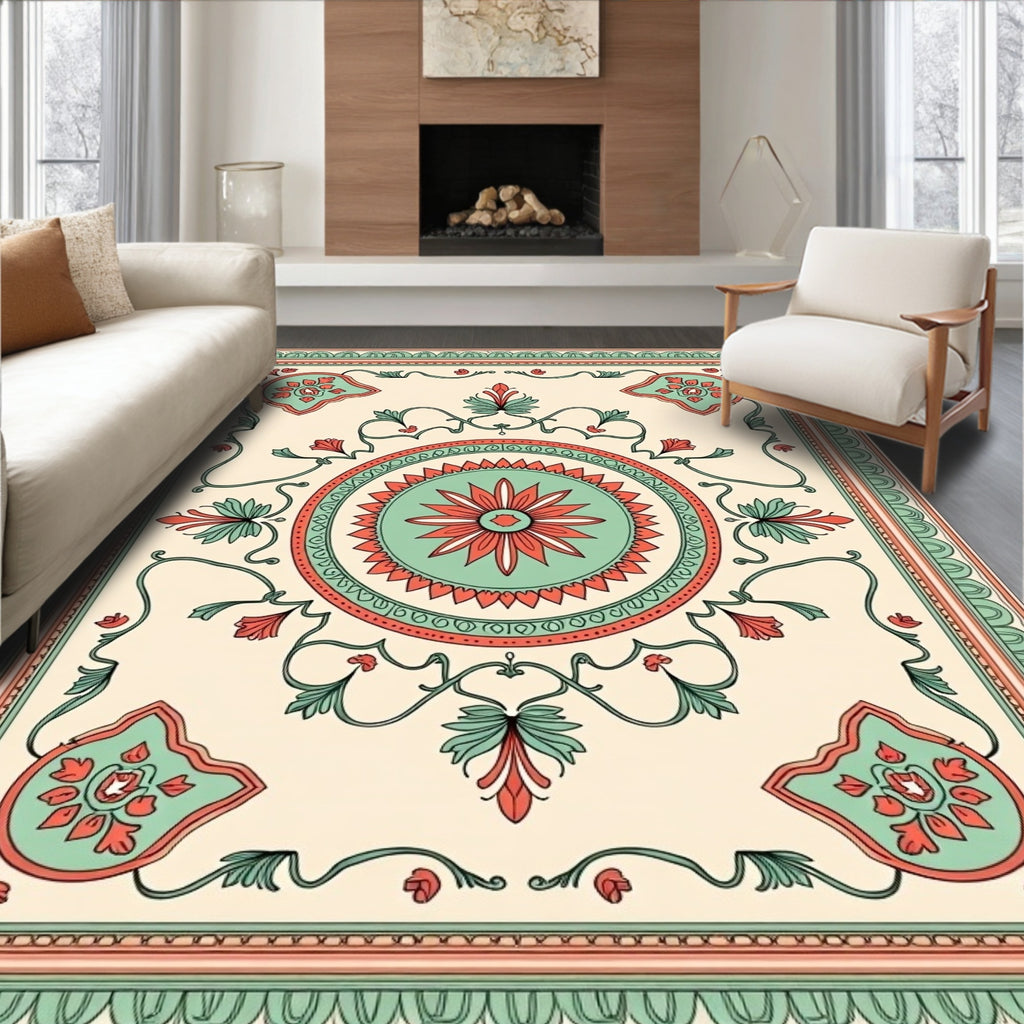 Pale Floral Medallion Border Pattern Rug