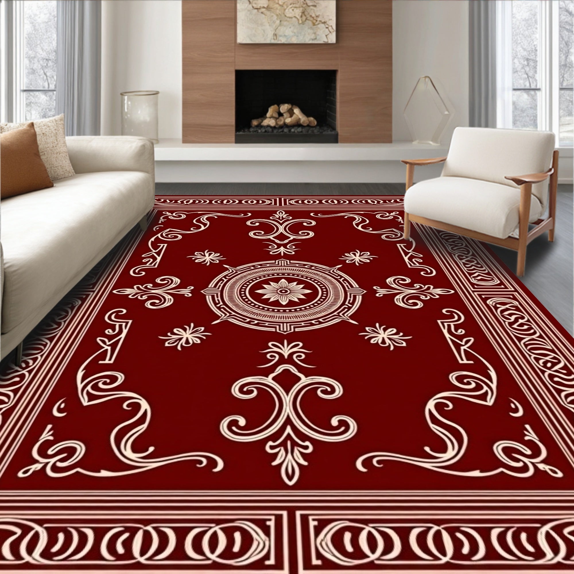 Ornate Red Cream Mandala Pattern Rug