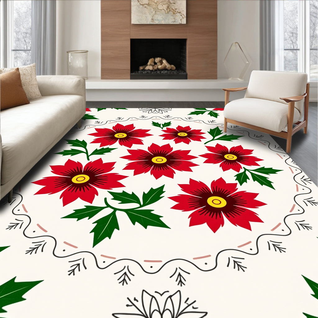 Red Floral Patterned Folk Art Rug