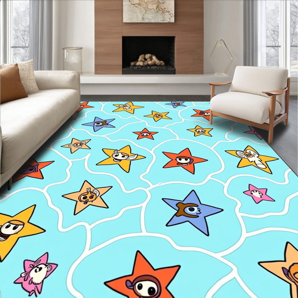 Cartoon Star Pattern with Whimsical Creatures Rug