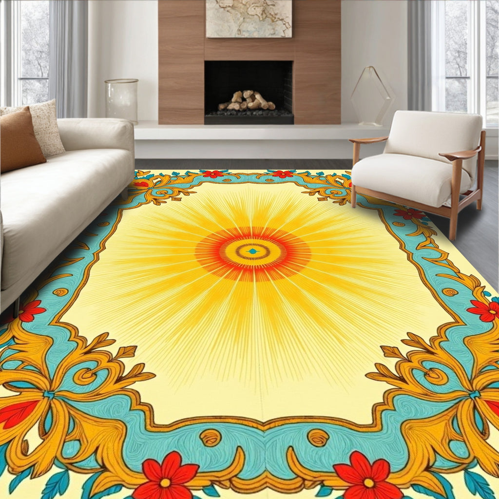 Ornate Sunburst Floral Medallion Border Rug