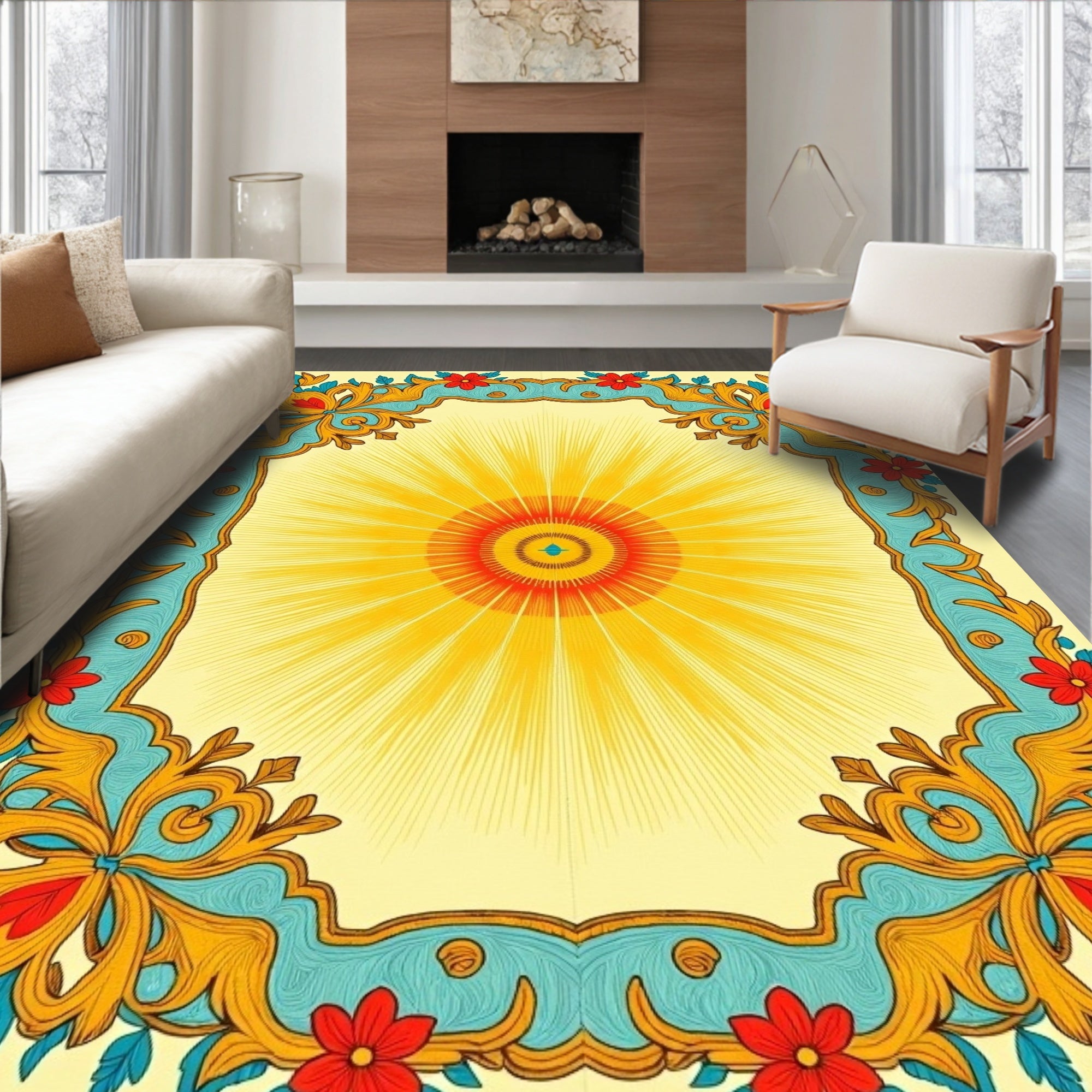Ornate Sunburst Floral Medallion Border Rug