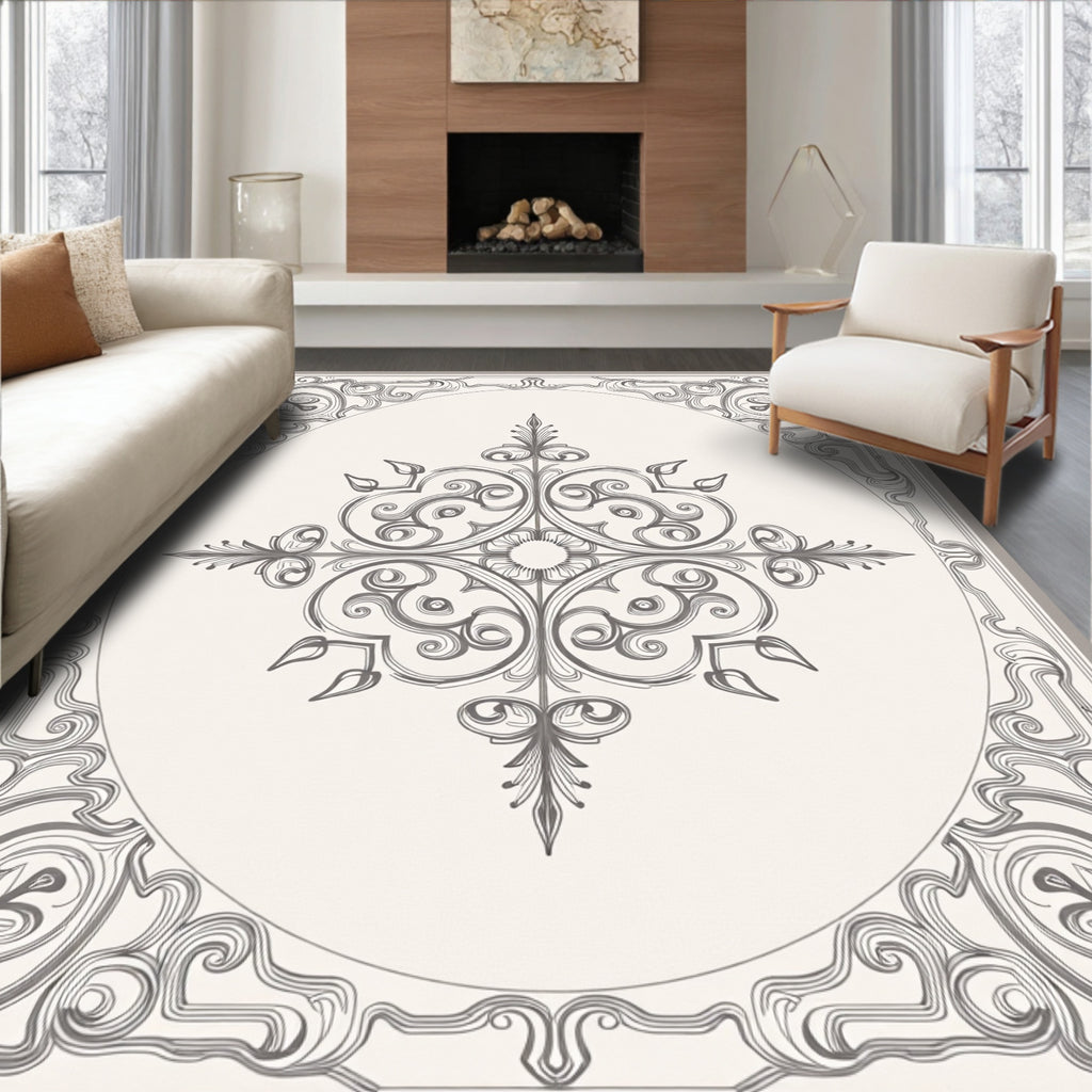 Elegant Gray Scrollwork Mandala Design Rug