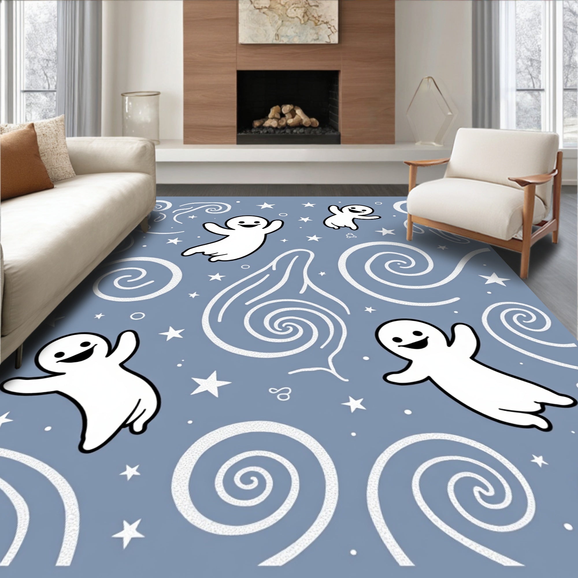 Playful Ghost Star Swirl Pattern Rug