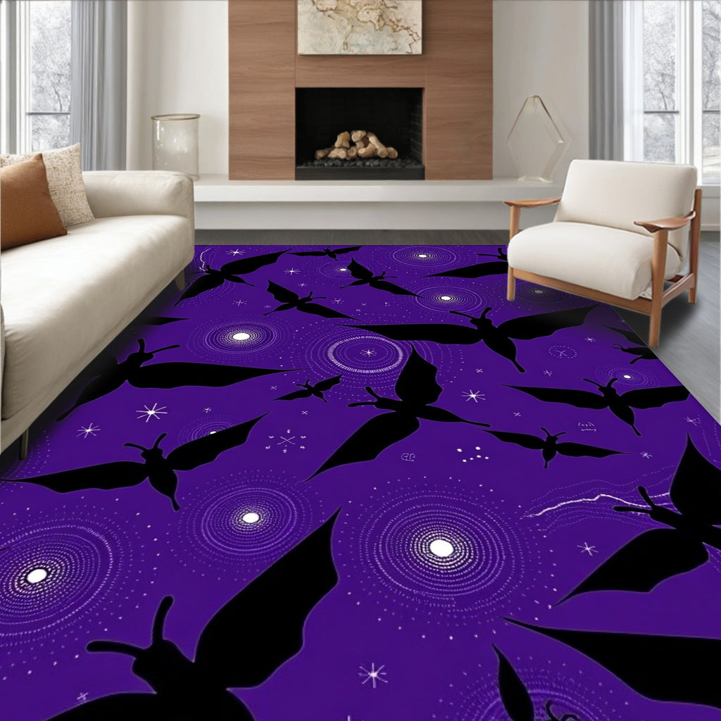 Whimsical Black Butterflies on Starry Purple Rug