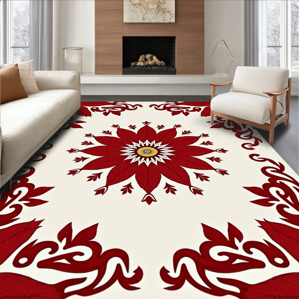 Crimson Floral Mandala Pattern Rug