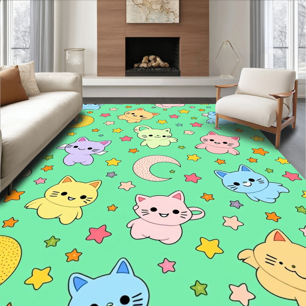 Kawaii Kitty Moon And Stars Design Rug