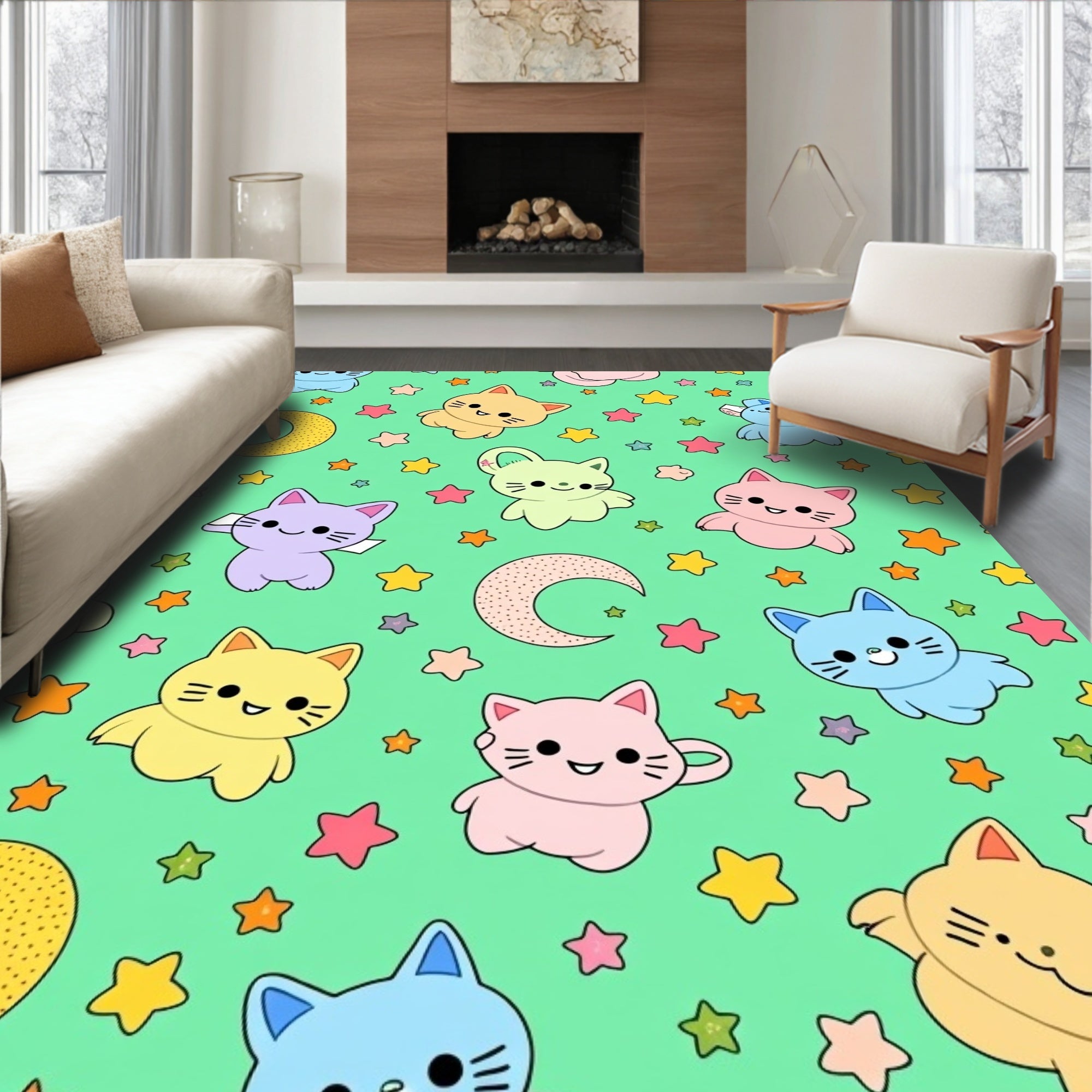 Kawaii Kitty Moon And Stars Design Rug