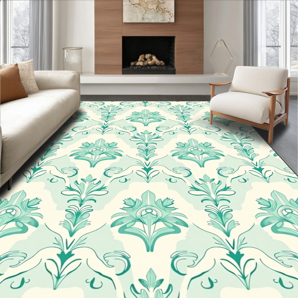 Damask Teal Floral Pattern Rug