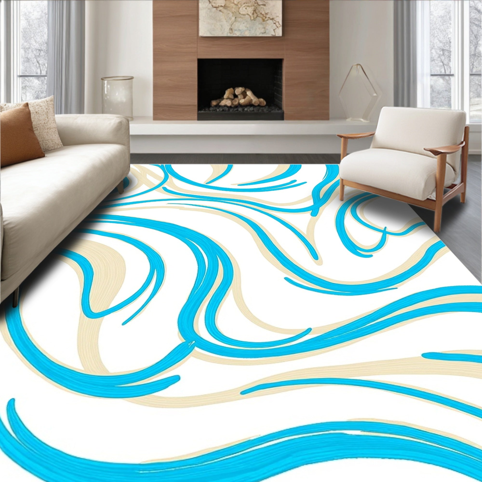 Aqua and Beige Swirl Design Rug