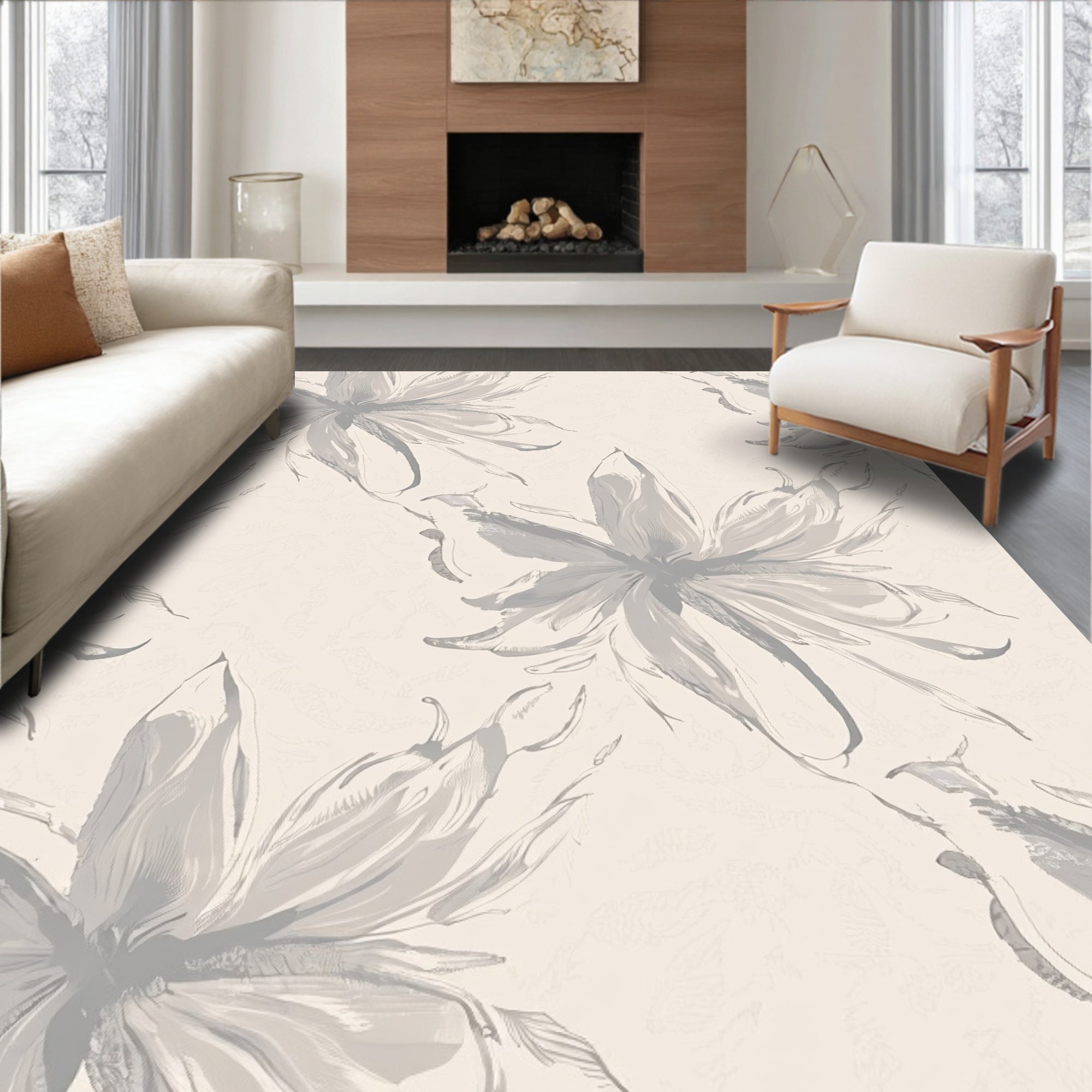 Soft Gray Floral Sketch Pattern Rug