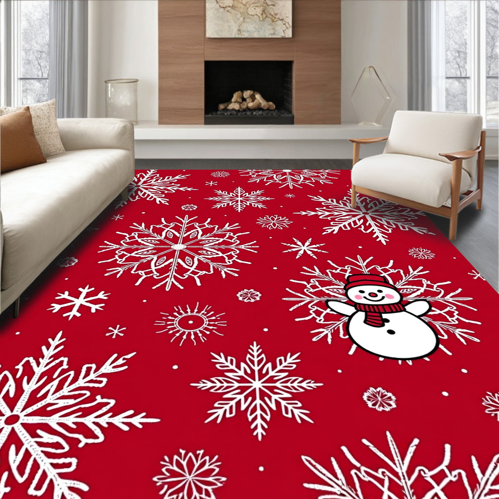 Red Snowflakes And Snowman Pattern Rug
