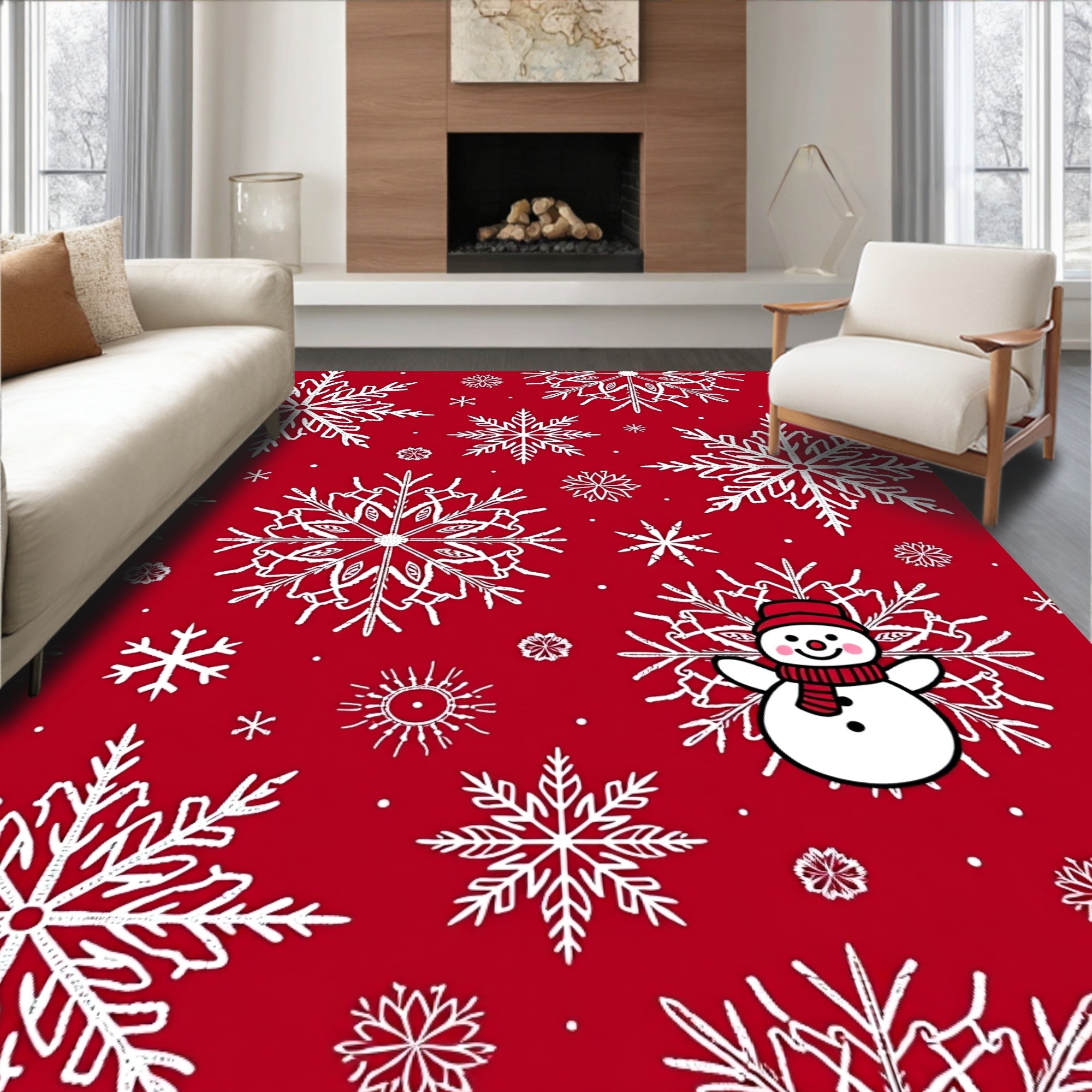 Red Snowflakes And Snowman Pattern Rug