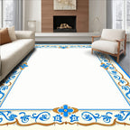 Ornate Blue Gold Floral Border Rug