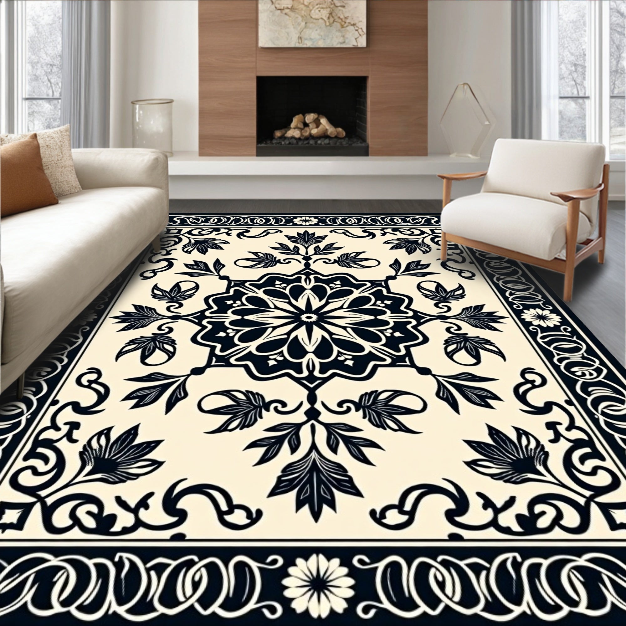 Classic Floral Medallion Black Design Rug