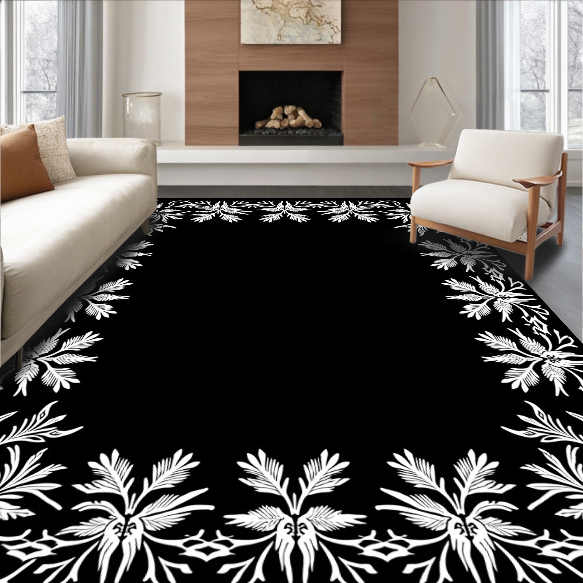 Ornate Floral Scroll Border Design Rug