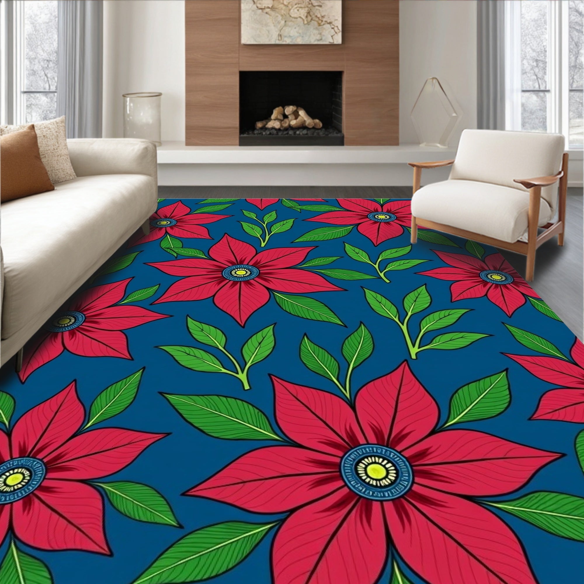 Vibrant Red Floral Patterned Rug
