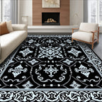 Ornate Floral Black White Pattern Rug